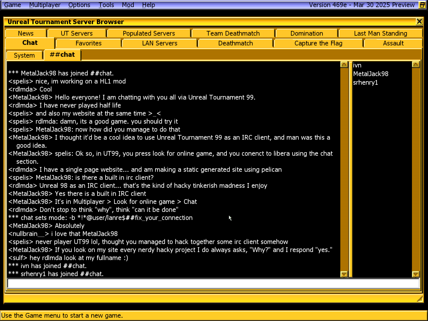 A screenshot of the Libera.Chat server being accessed and communicated on via Unreal Tournament 99.